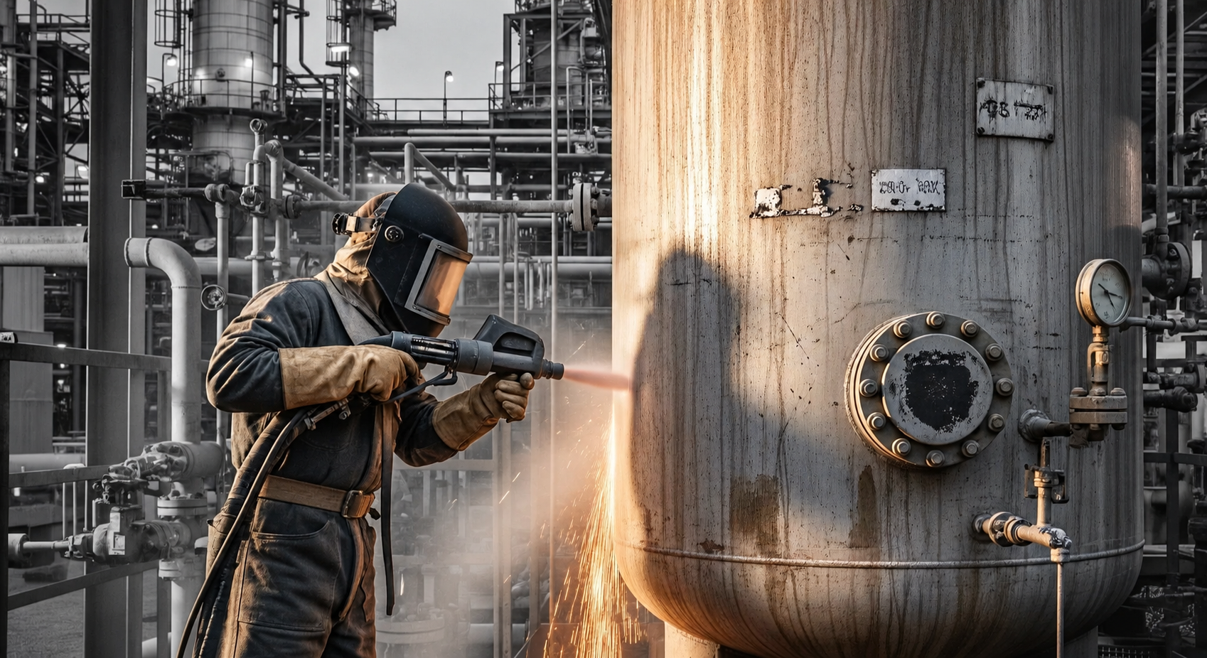 Blasting technician treating a vessel, cropped at the left elbow with natural image proportions