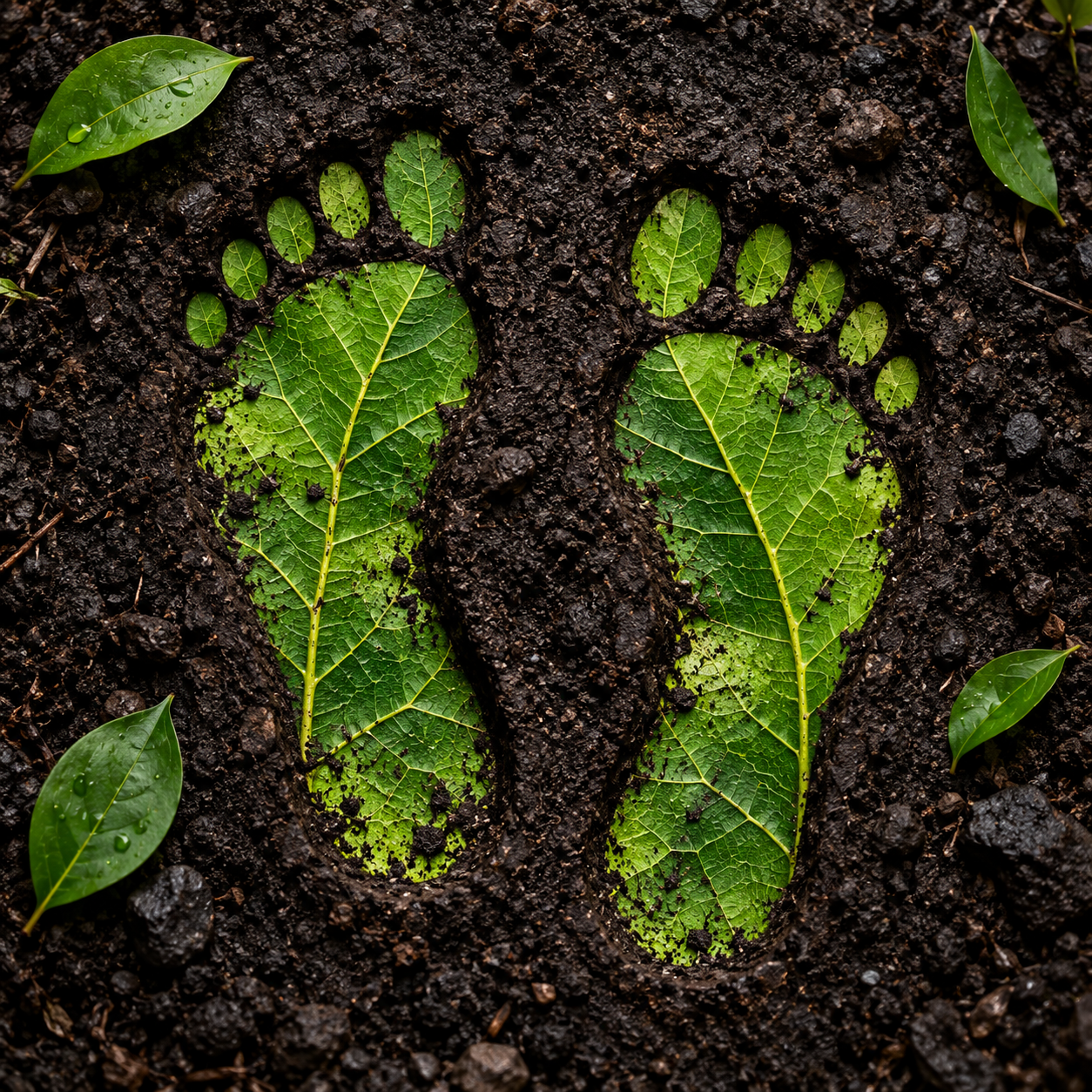 Green leaf footprints in dark earth