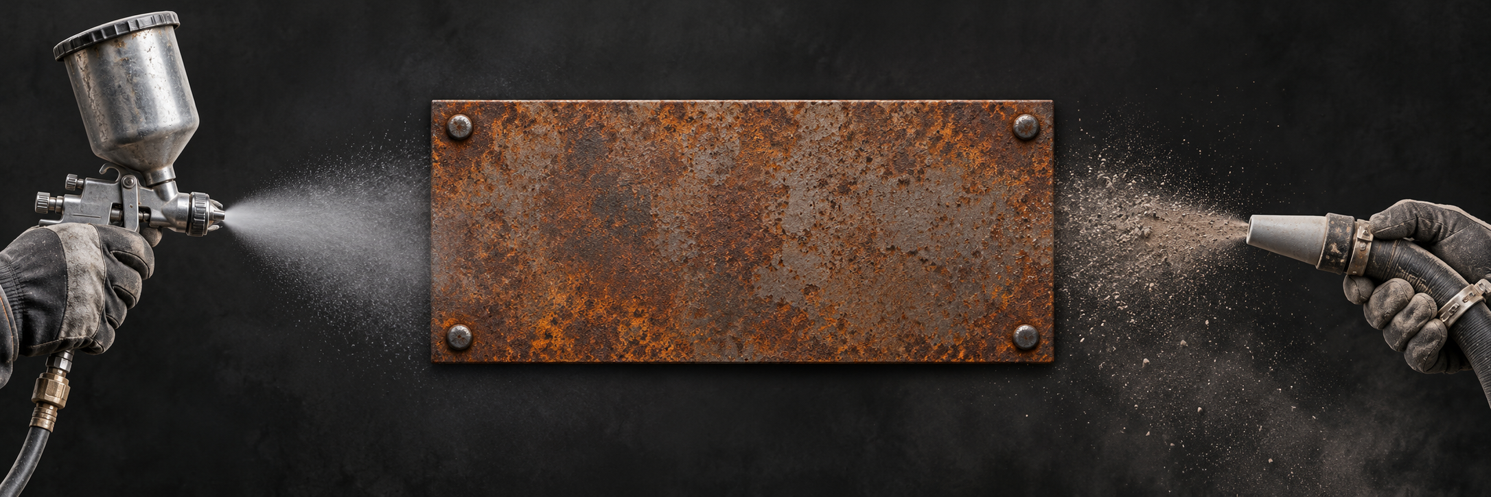 Spray gun on the left and blasting nozzle on the right, facing a blank rusted steel plate with four rivets