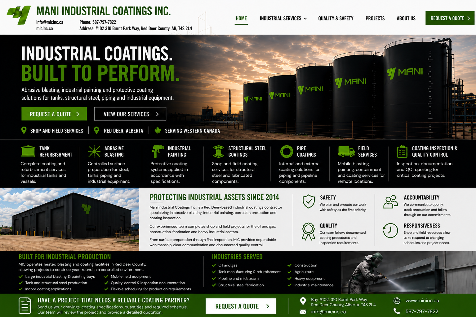 Mani Industrial Coatings Inc. Industrial coatings. Built to perform. Abrasive blasting, industrial painting and protective coating solutions for tanks, structural steel, piping and industrial equipment. Shop and field services in Red Deer, Alberta, serving Western Canada. Protecting industrial assets since 2014. Phone 587-797-7822. Email info@micinc.ca.