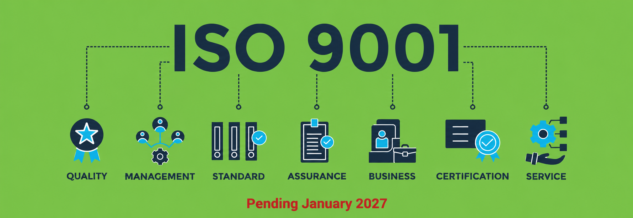 ISO 9001 certification reference badge — pending, not currently certified